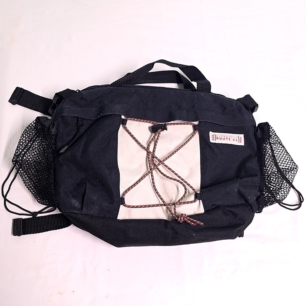 Vintage Route 66 Waist Fanny Pack Black Cream Canvas Bungee Mesh Gorpcore Bag